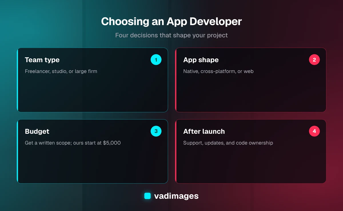 Four things to weigh when choosing an app developer in Portland: team type, app shape, budget, and support after launch