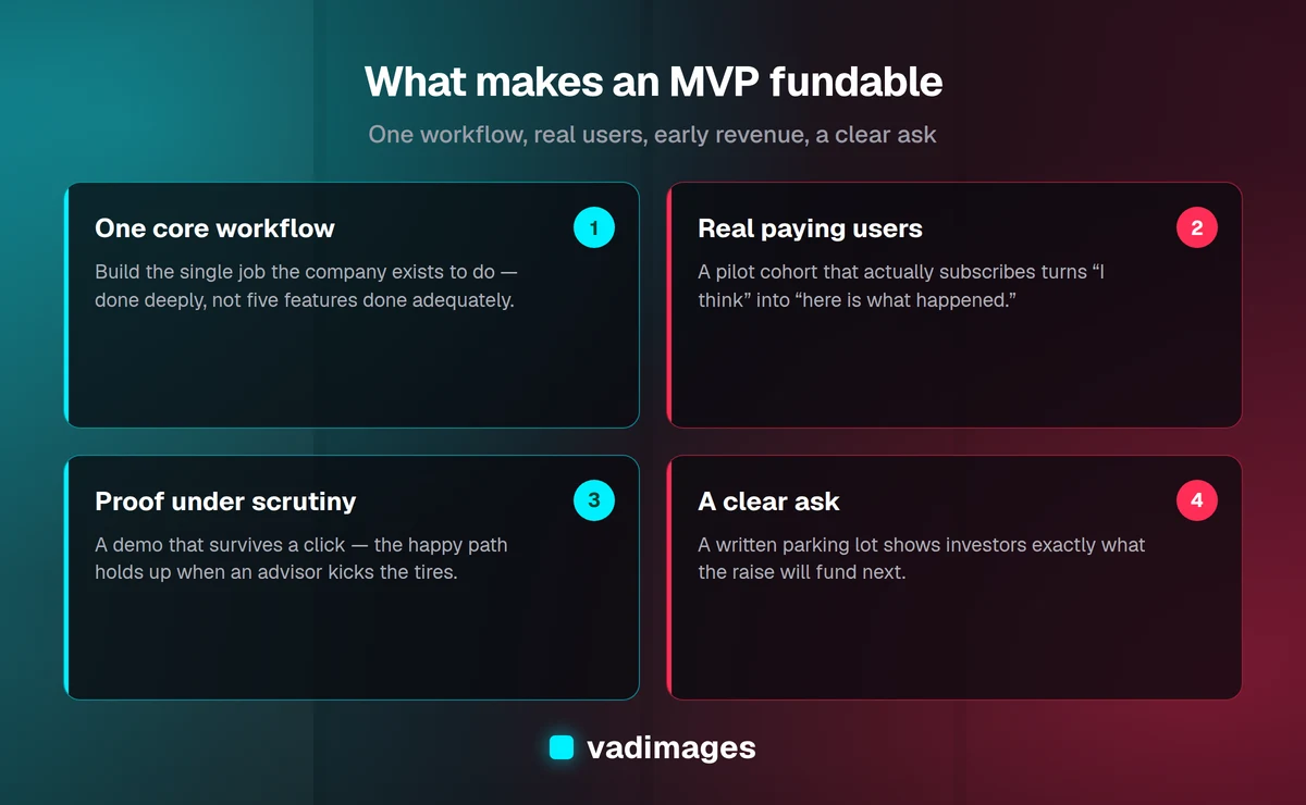 How a lean SaaS MVP becomes fundable: one core workflow built well, real users generating signal, early revenue as proof, and a clear plan for the raise.