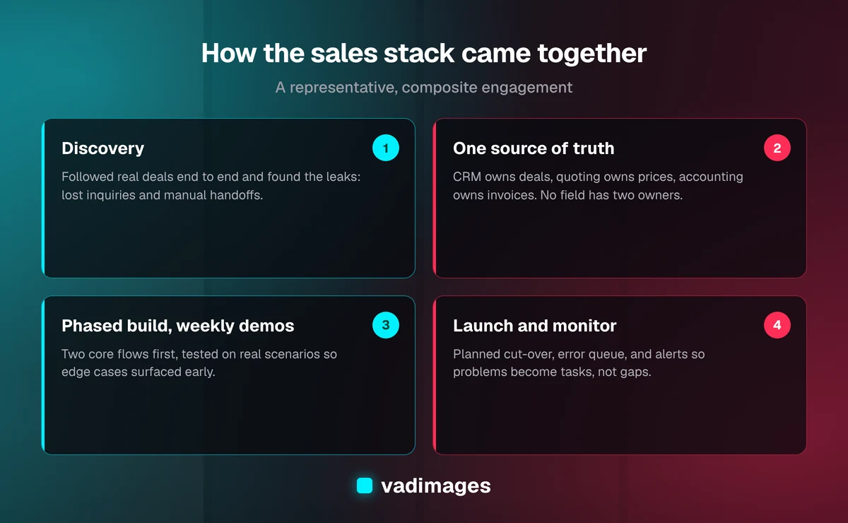 How a representative CRM integration project unfolds — discovery, a single source of truth, a phased build with weekly demos, and launch with monitoring