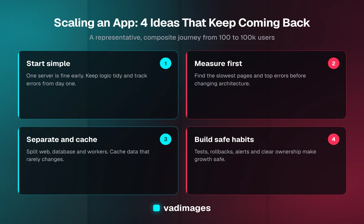 Four ideas for scaling an app: keep it simple early, measure before changing, separate and cache as load grows, and build safe team habits