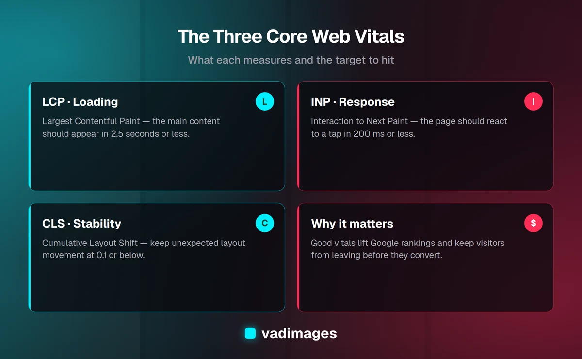 The three Core Web Vitals: LCP for loading, INP for responsiveness, and CLS for visual stability, with their target thresholds