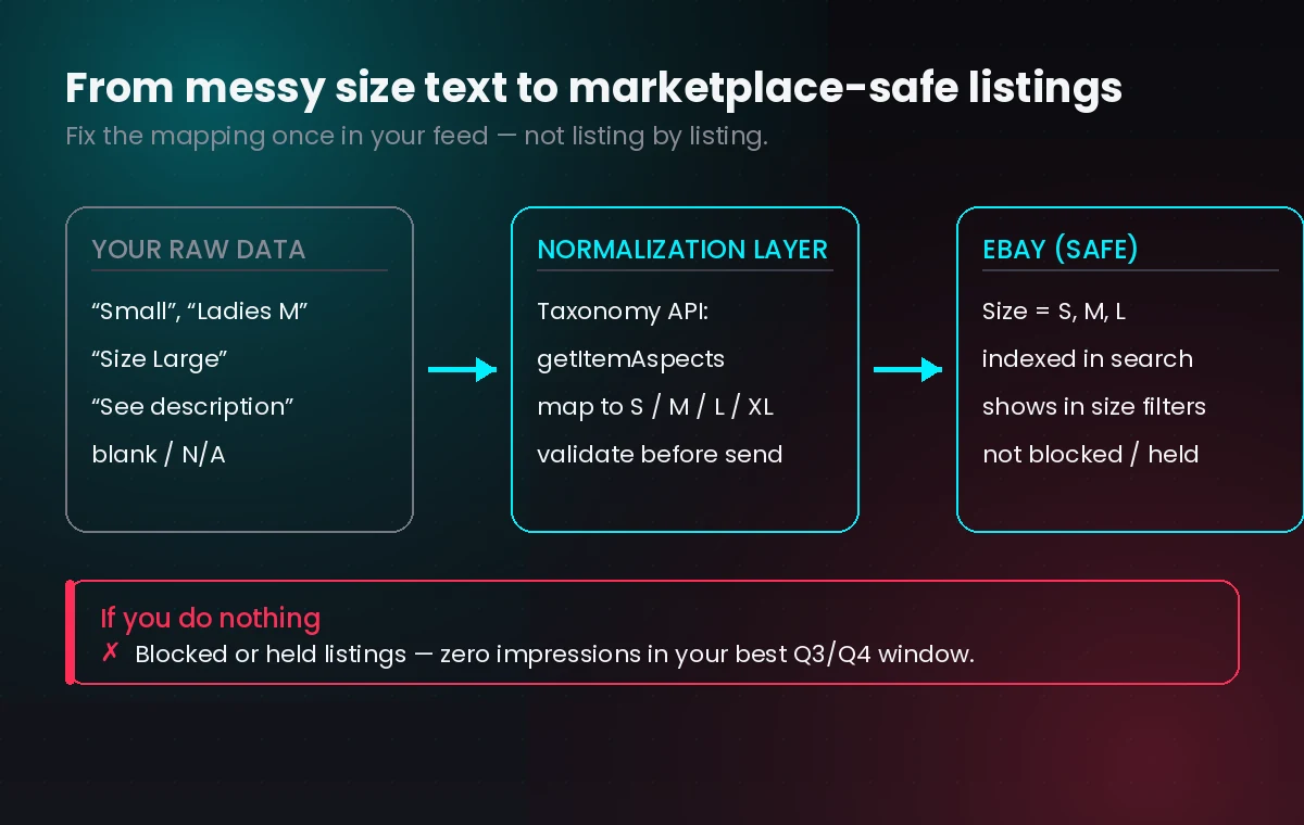 Diagram showing raw seller size values mapped through a normalization layer to eBay standard size values before publishing