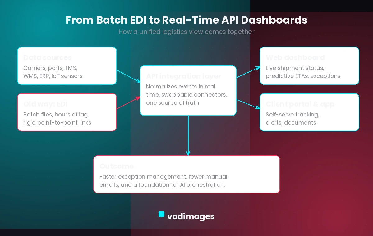 Diagram showing logistics data sources flowing through an API integration layer into a web dashboard and client portal, replacing batch EDI
