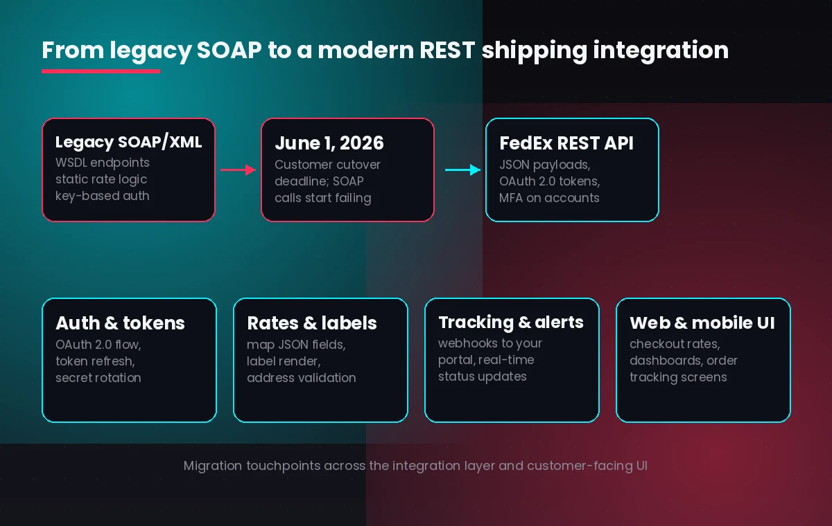 Diagram of migrating a FedEx SOAP shipping integration to the REST API across the integration layer and customer-facing UI