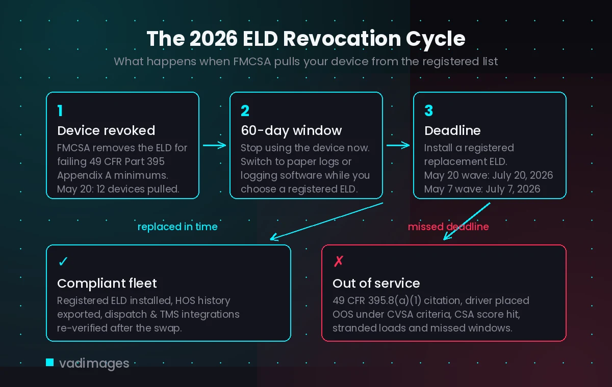 Timeline of FMCSA 2026 ELD revocations and the compliance window for fleets