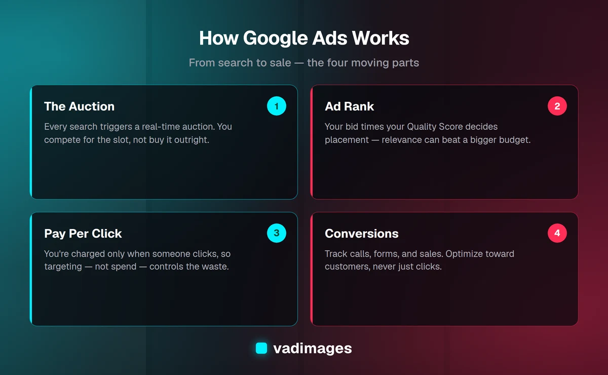 How Google Ads works: keywords trigger an auction, Ad Rank combines bid and Quality Score to decide placement, and you pay per click toward a conversion goal