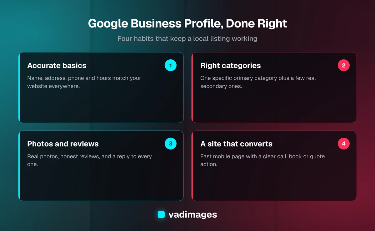 Four-part checklist for Google Business Profile optimization: accurate basics, categories and services, photos and reviews, and a website that converts