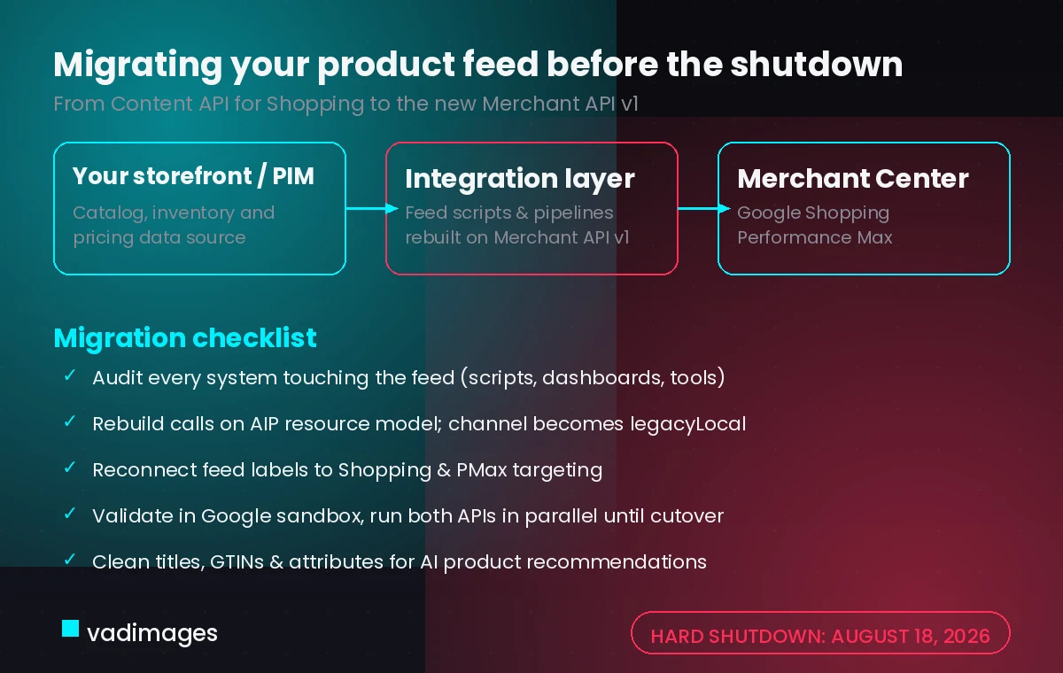Diagram showing product data flowing from a storefront through a rebuilt integration layer into Google Merchant Center, with a migration checklist and the August 18, 2026 shutdown date