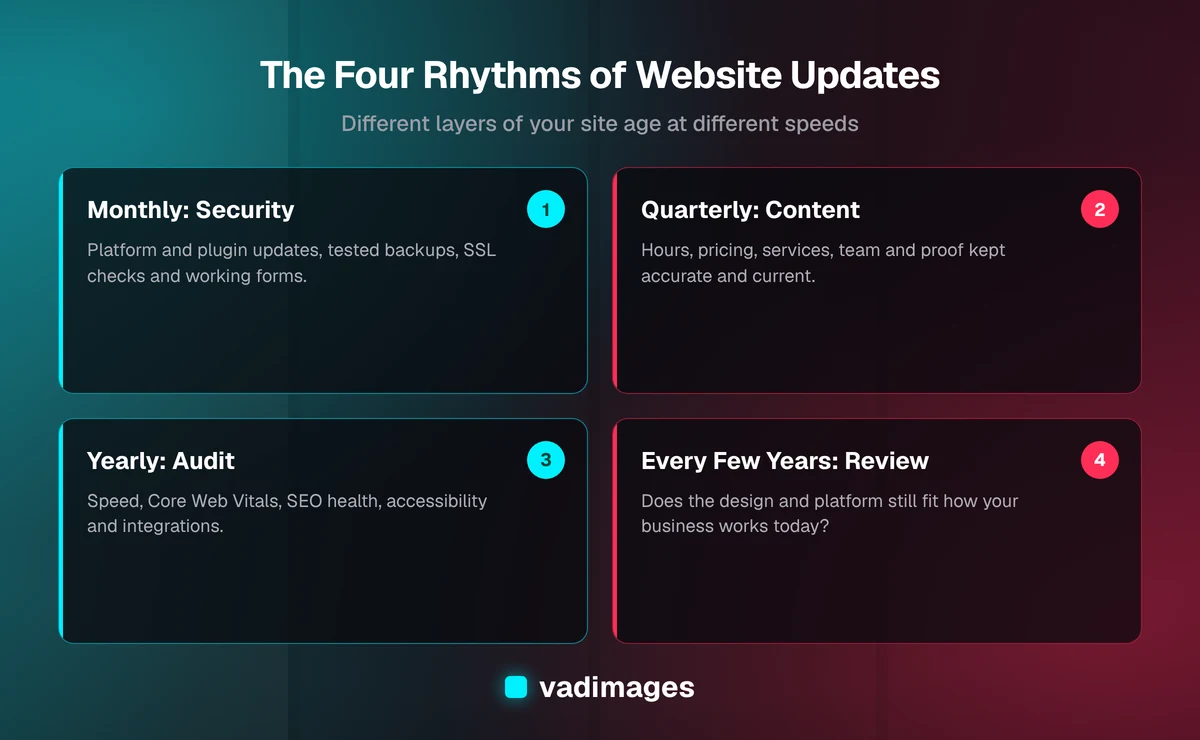 A website update schedule in four rhythms — monthly security and software updates, quarterly content refreshes, yearly performance and SEO audits, and a design and platform review every few years