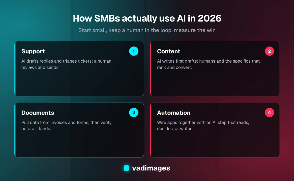 How US small businesses actually use AI in 2026: support, content, documents and automation, always with a human in the loop