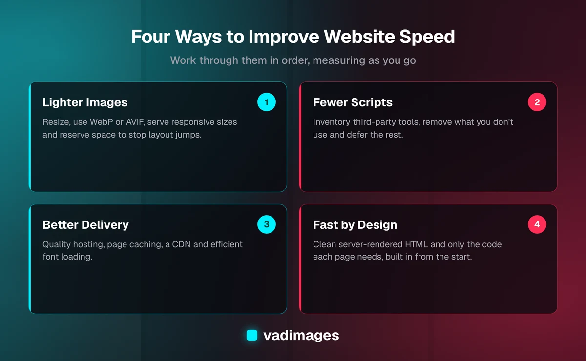 Four ways to improve website speed — lighter images and media, less JavaScript and third-party code, better hosting and caching, and a fast-by-design build