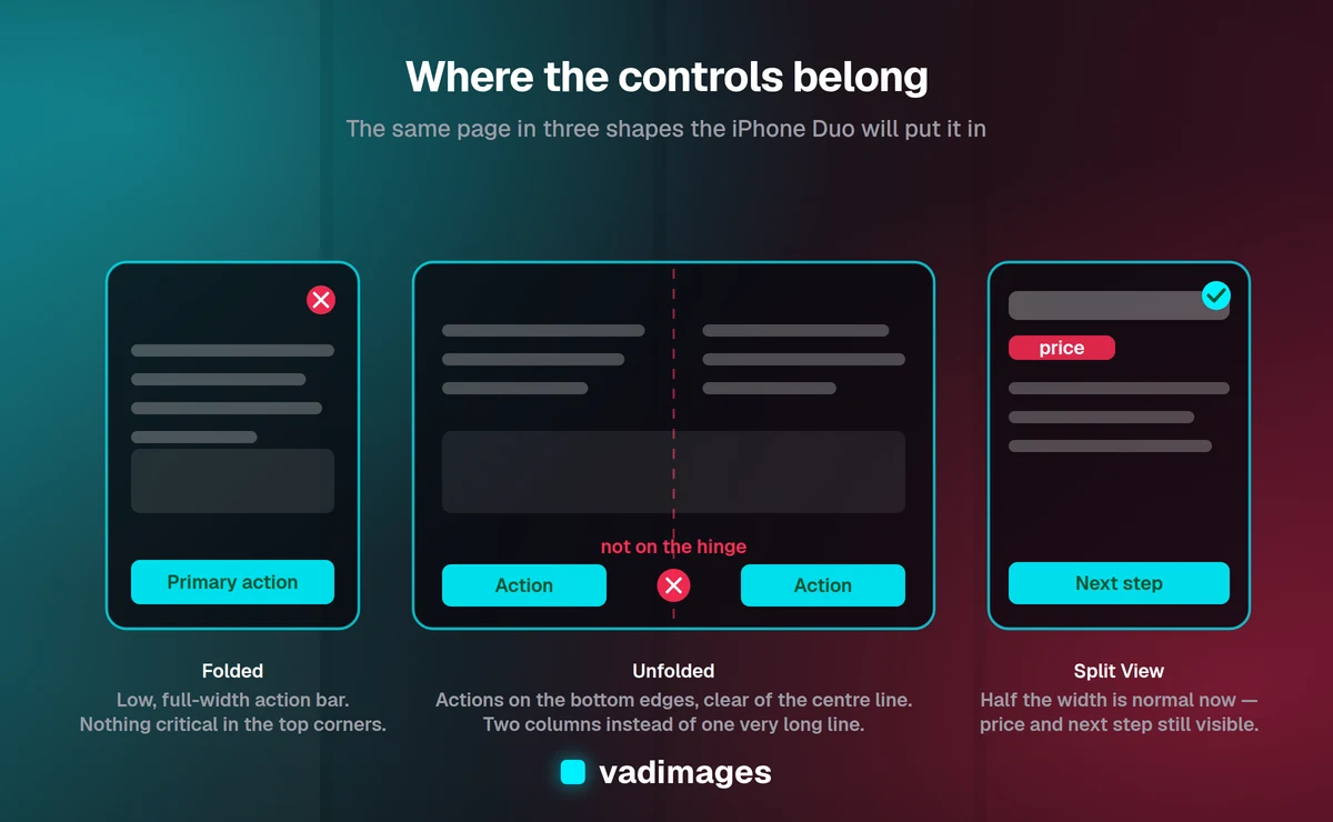 Where controls belong on a foldable: folded, a low full-width action bar; unfolded, actions at the bottom left and right edges clear of the hinge; in Split View, price and next step still visible at half width