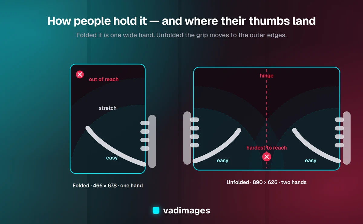 Thumb reach zones on the iPhone Duo: folded, one hand grips the right edge and the opposite top corner falls out of reach; unfolded, two hands grip the outer edges and the centre of the screen near the hinge is hardest to reach