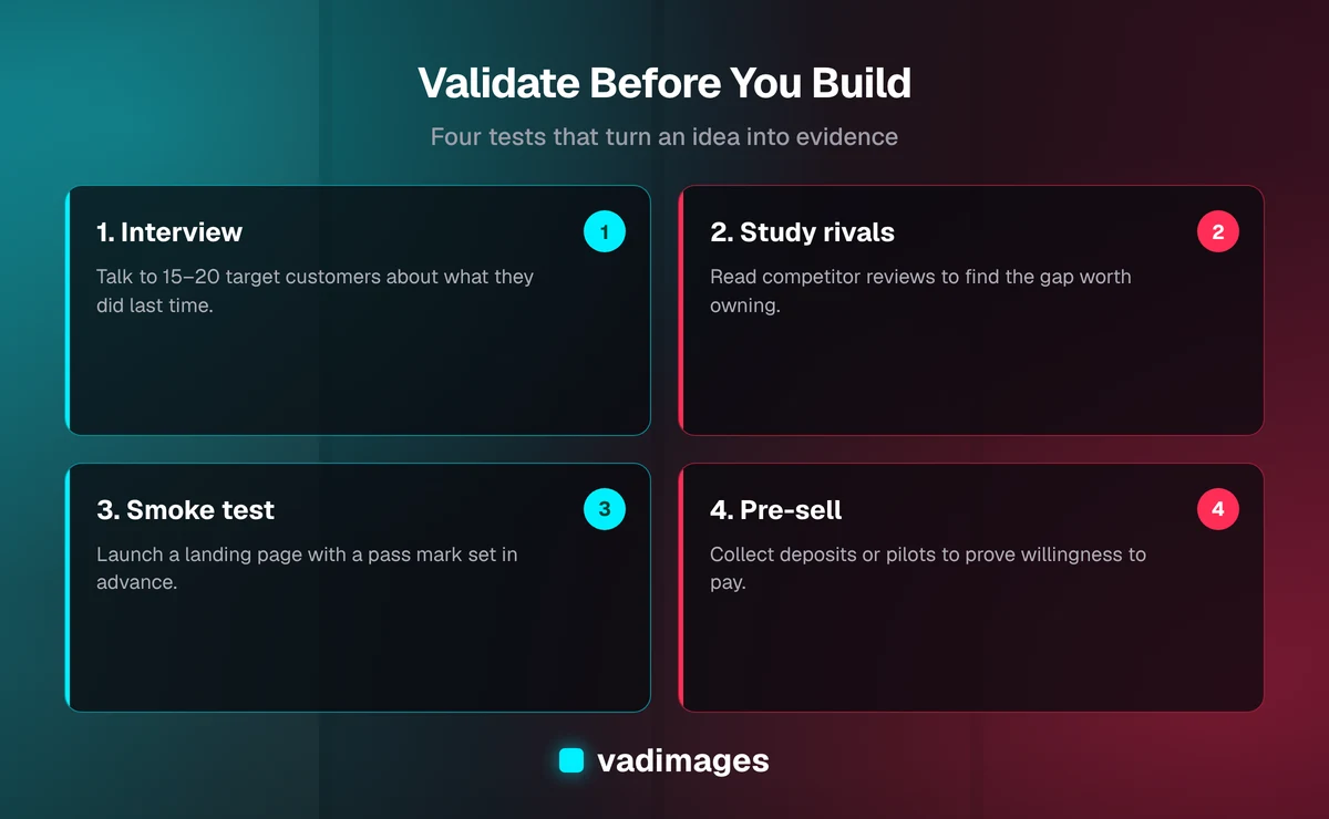 Four-step SaaS idea validation framework: customer interviews, competitor gaps, landing page smoke test, and paid pre-sales