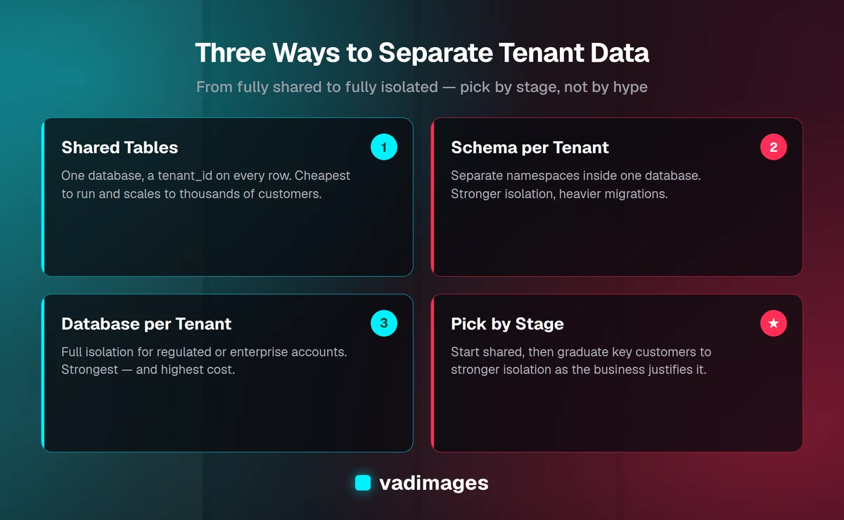 Diagram comparing shared-table, schema-per-tenant, and database-per-tenant SaaS isolation models with guidance on choosing by stage