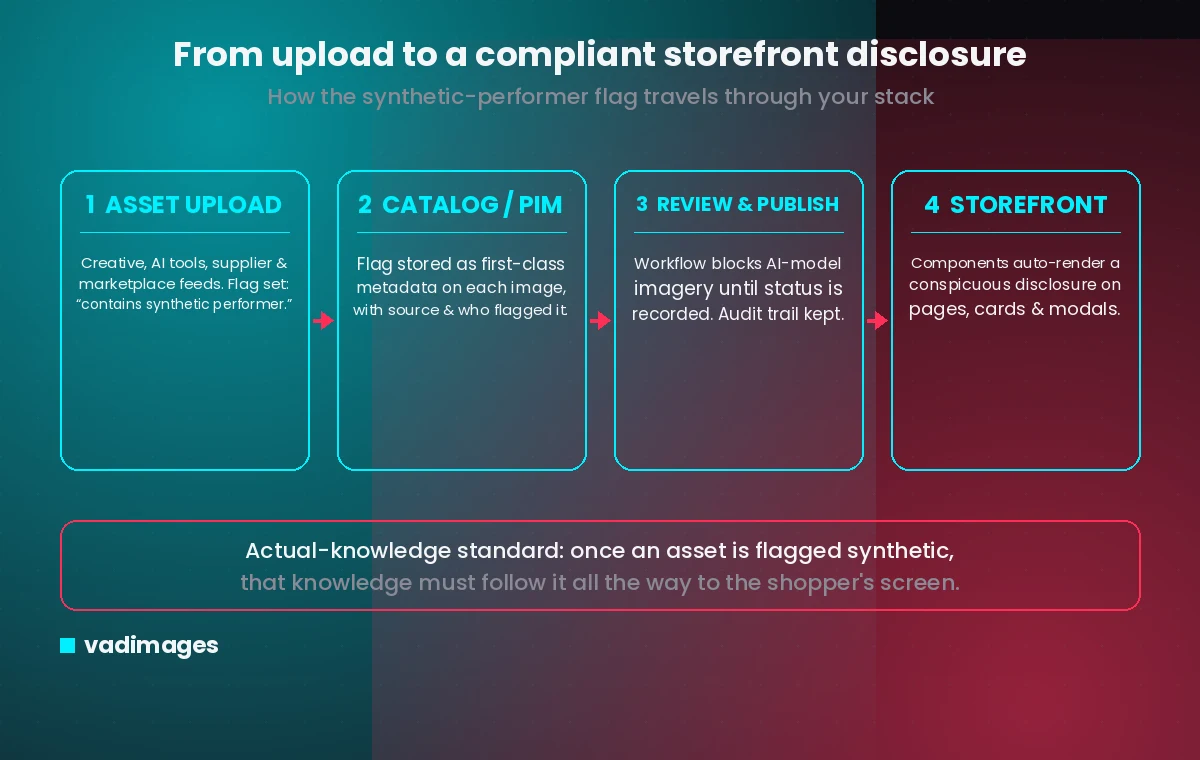 Diagram showing how a synthetic-performer flag travels from asset upload through the product catalog to a conspicuous disclosure badge on the storefront