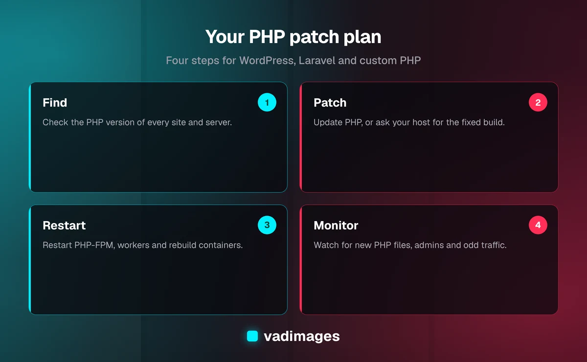 Four-step response to the PHP remote code execution flaws: find, patch, restart, monitor