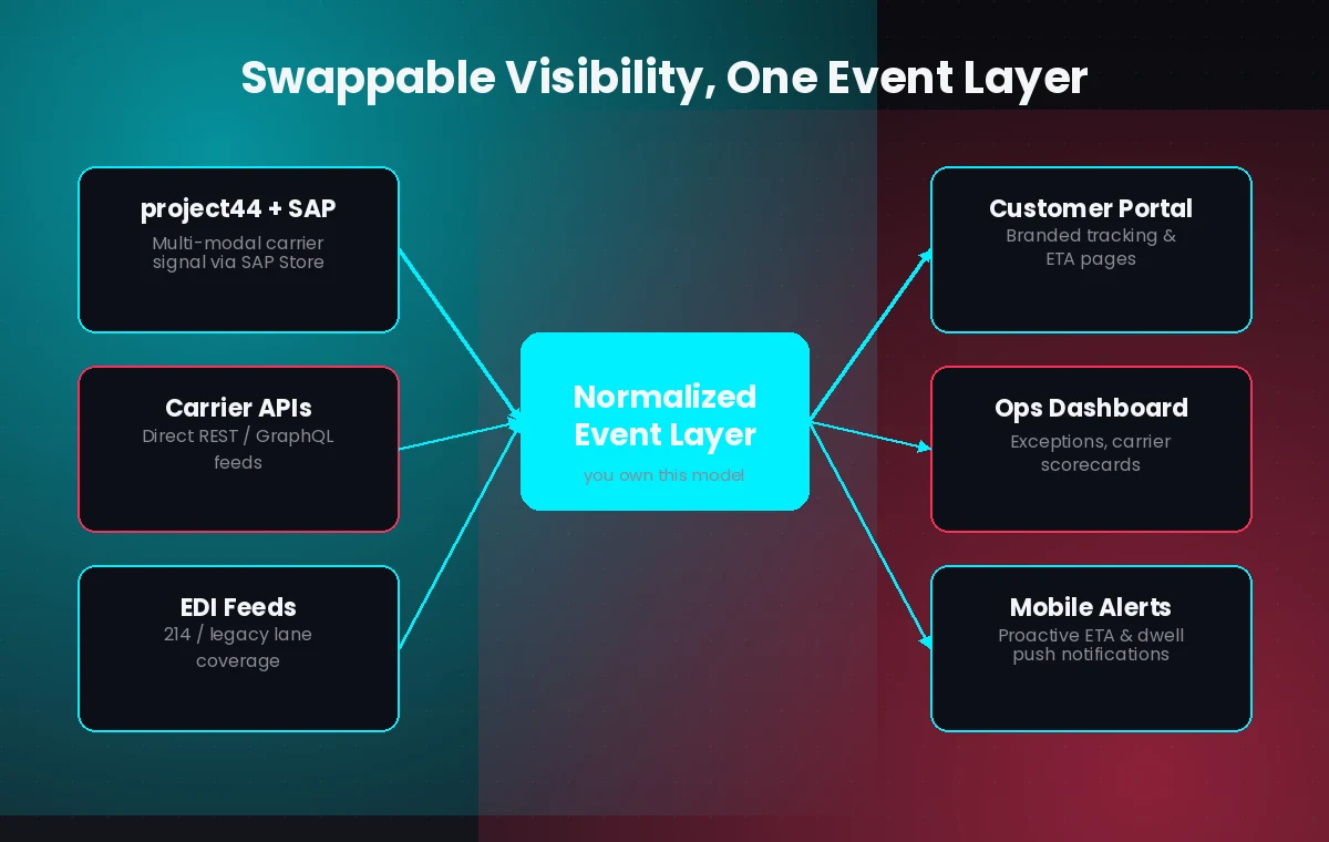 Diagram showing multiple visibility sources feeding a normalized event layer that powers customer tracking portals, ops dashboards, and mobile alerts
