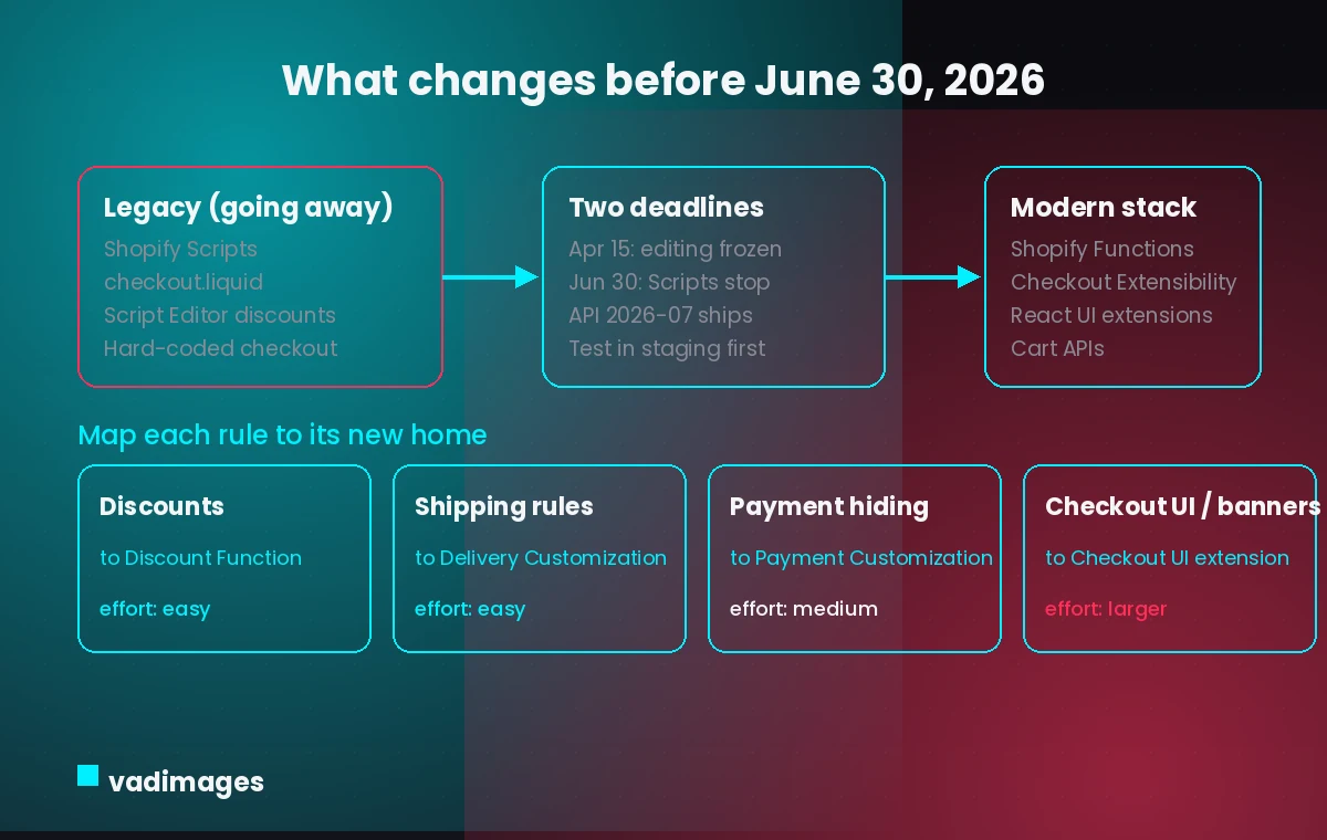 Diagram mapping legacy Shopify Scripts and checkout.liquid to Shopify Functions and Checkout Extensibility before the 30 June 2026 deadline