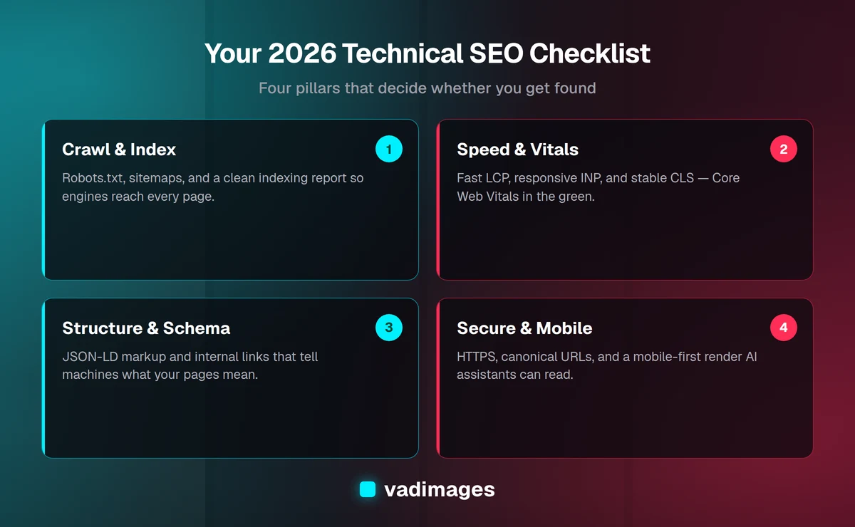 The four pillars of a 2026 technical SEO checklist — crawl and index, speed and Core Web Vitals, structure and schema, and secure and mobile-ready