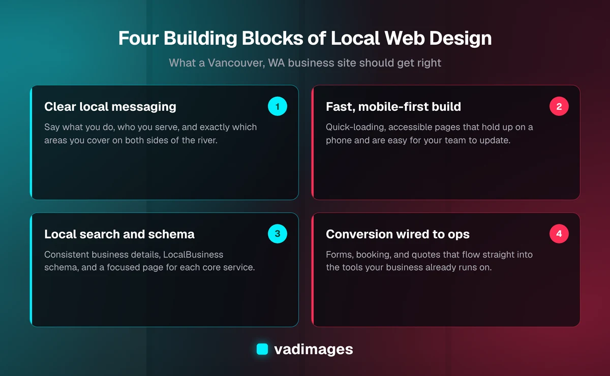 Four building blocks of local web design in Vancouver, WA — clear local messaging, fast mobile-first build, local search and schema, and conversion paths wired into operations