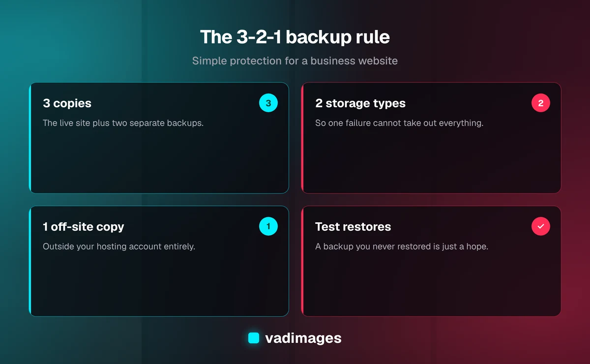 Diagram of the 3-2-1 website backup rule: three copies, two storage types, one off-site copy, tested restores