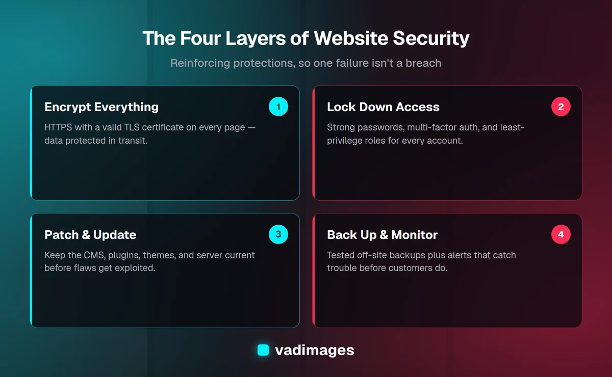 The four layers of website security: encrypt everything, lock down access, patch and update, and back up and monitor