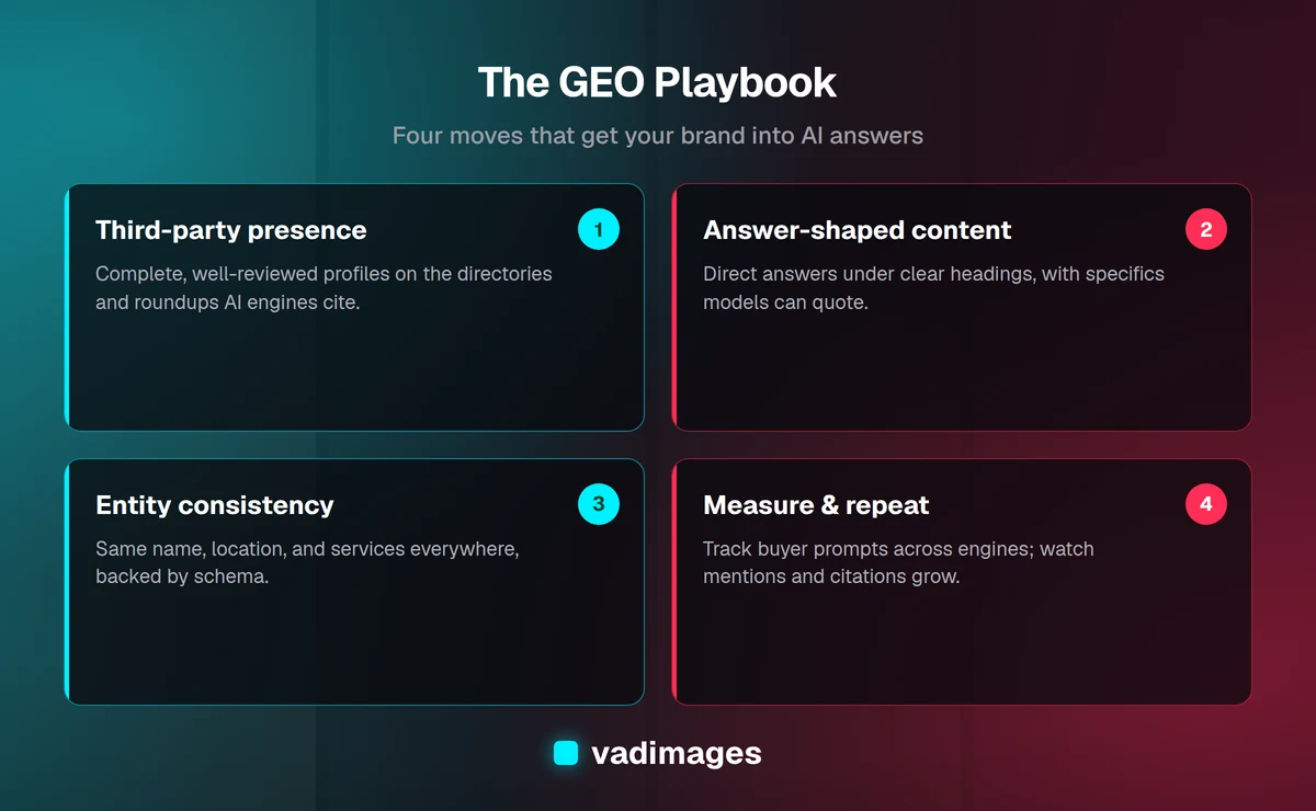 The GEO playbook: build third-party presence, write answer-shaped content, strengthen entity signals, and measure AI mentions.