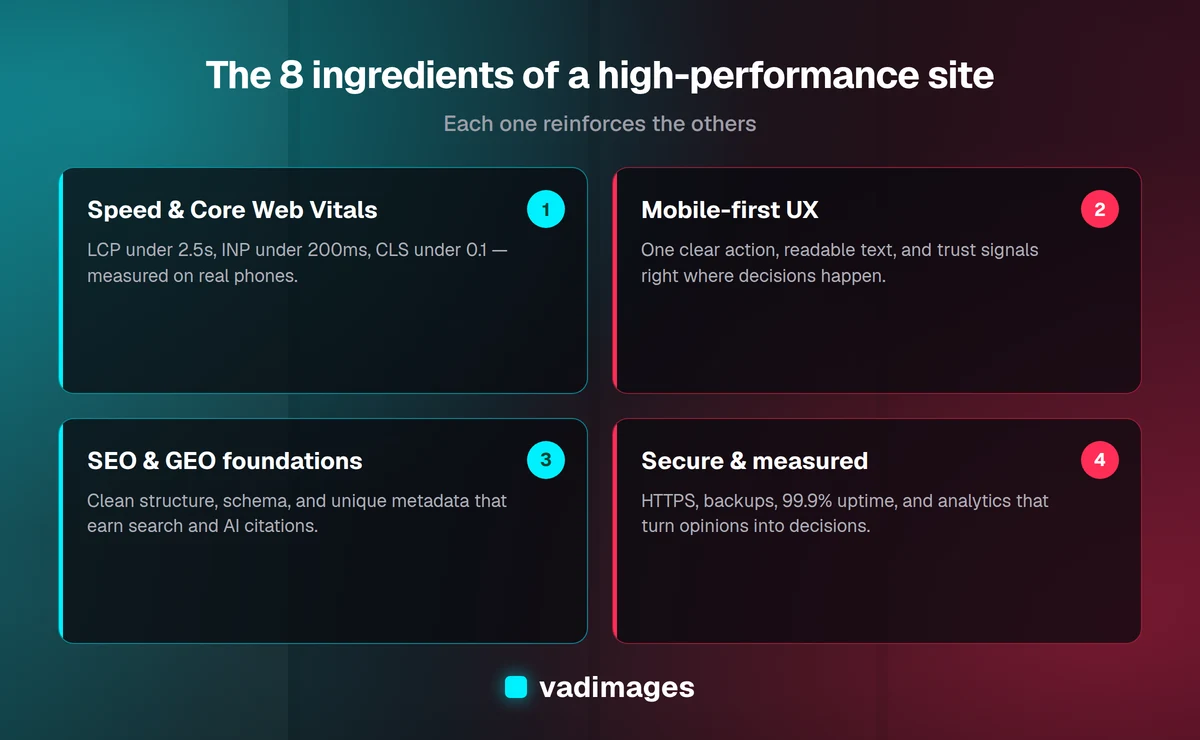 The eight ingredients of a high-performance business website working together: speed and Core Web Vitals, mobile experience, conversion-focused UX, SEO and GEO foundations, security, accessibility, reliable hosting, and measurement