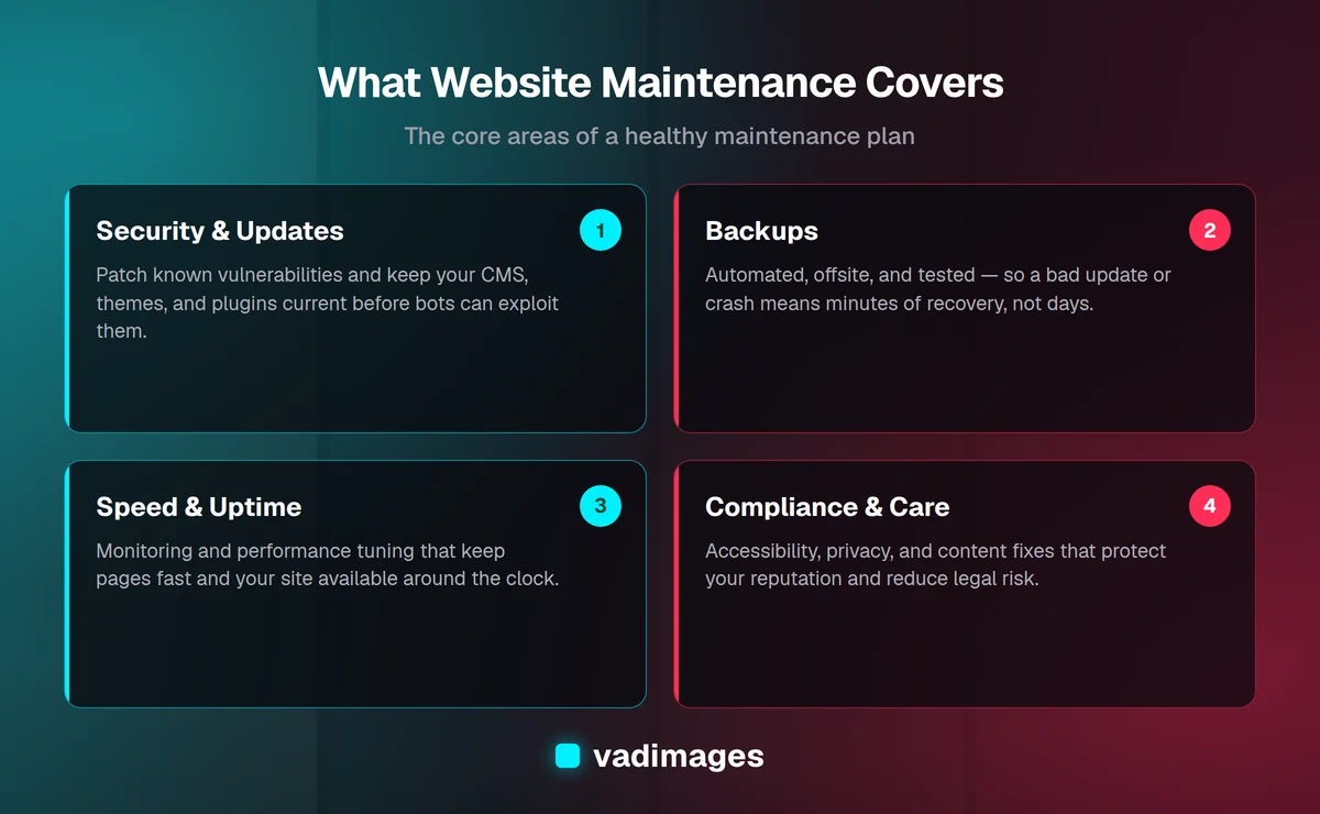 What website maintenance covers: security and updates, backups, speed and uptime, and compliance and care — the core areas of a healthy plan.