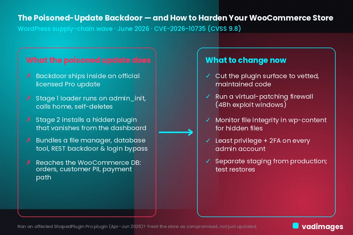 Diagram showing how a poisoned WooCommerce plugin update installs a hidden two-stage backdoor reaching the store database, alongside the defenses a store owner should put in place